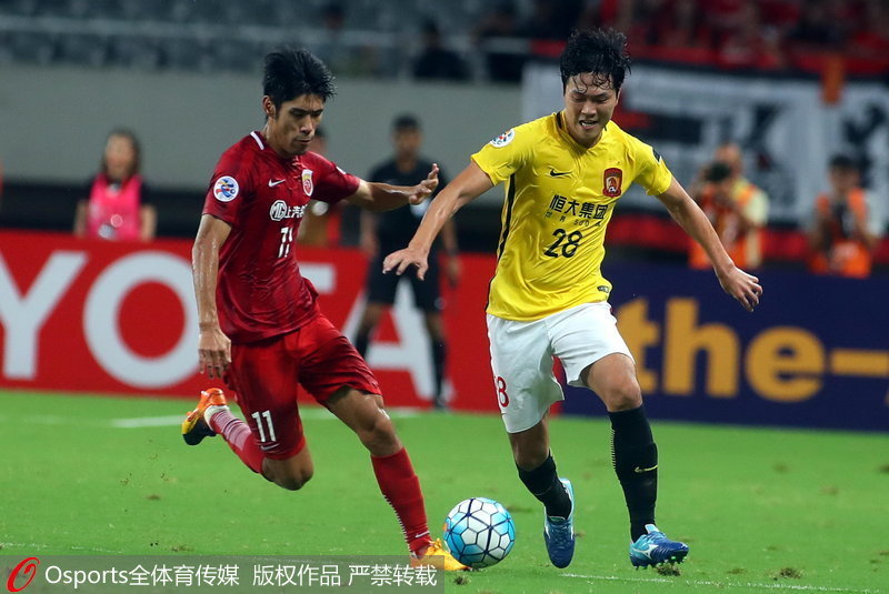  廣州恆大隊外援金英權與上海上港隊呂文君拼搶