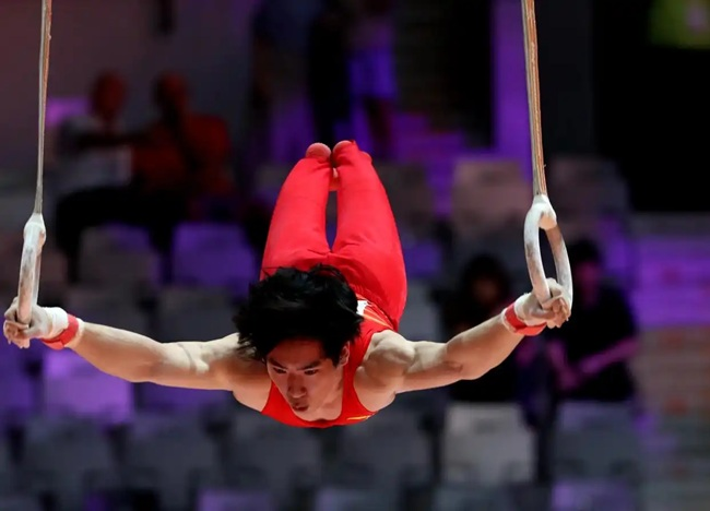 張博恆在男子個人全能決賽吊環項目比賽中。新華社記者 岑雲鵬攝